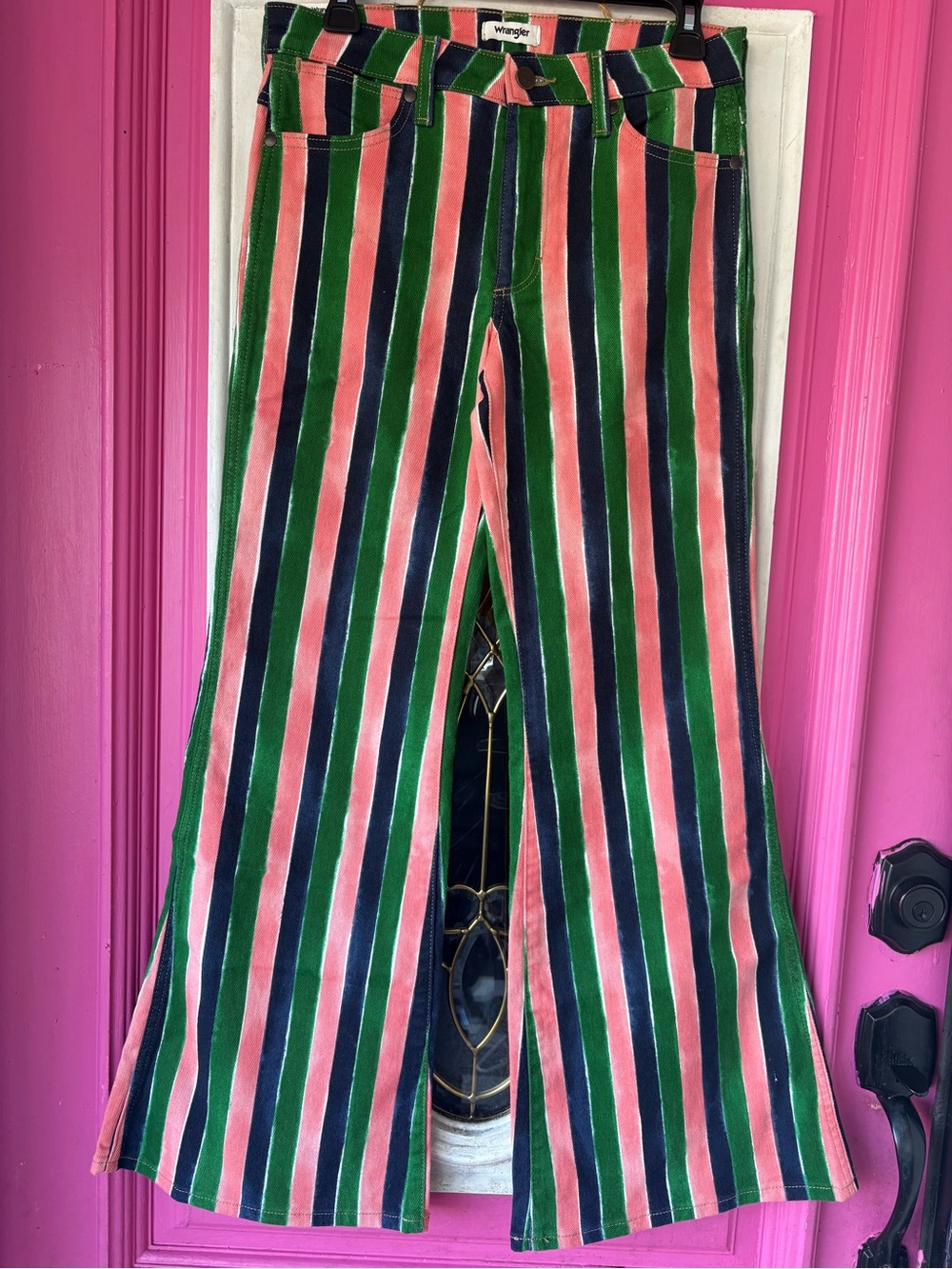 Wrangler Wanderer Striped Flare Pants in Green, Pink & Navy - Picture 14 of 14